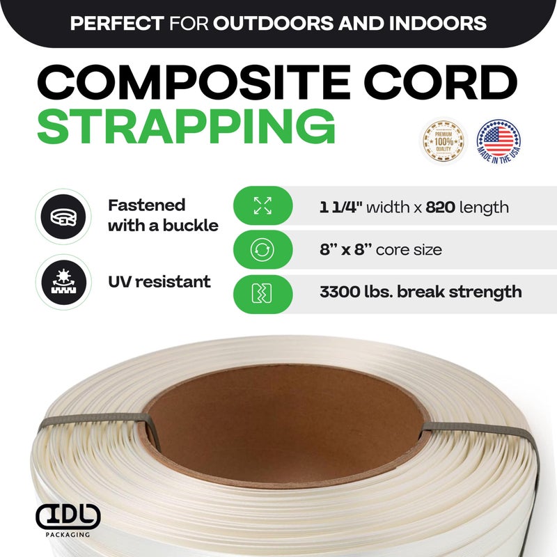 IDL Packaging Composite Cord Strapping Roll 1 1/4" x 820', 8" x 8" Core Size, 3300 lbs Break Strength - Heavy Duty Strapping - Rust-Free & Weatherproof Cord Strap Coil with Re-Tightening Option by IDL Packaging - Image 2